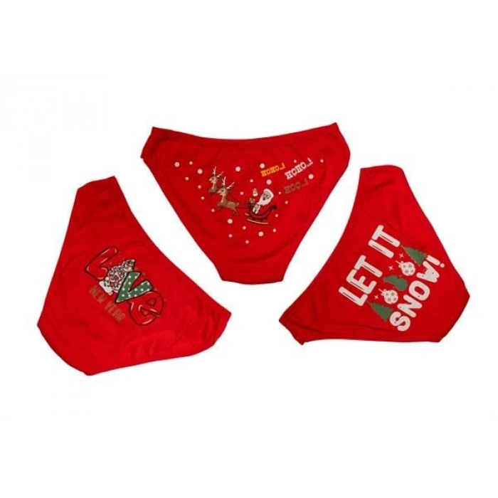 VipMarketim  Kırmızı Yılbaşı Desenli 3lü Pamuklu Külot Takımı