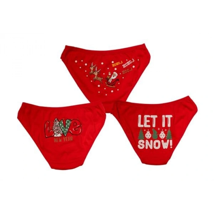 VipMarketim Kırmızı Yılbaşı Desenli 3Lü Pamuklu Külot Takımı