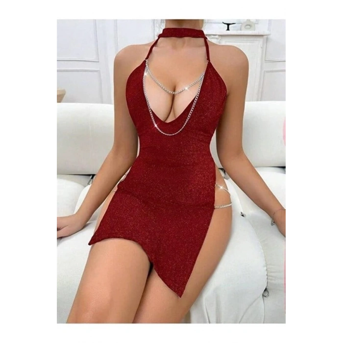 VipMarketim Kırmızı Zincir Detaylı Transparan Fantezi Elbise