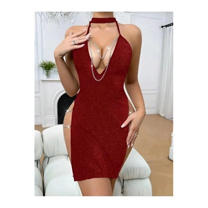 Vipmarketim Kırmızı Zincir Detaylı Transparan Fantezi Elbise