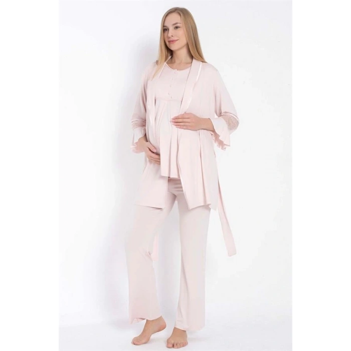 VipMarketim Kısa Kol Bisiklet Yaka Kadın Viskon Dantel Detaylı Hamile Pijama Takımı Sabahlık