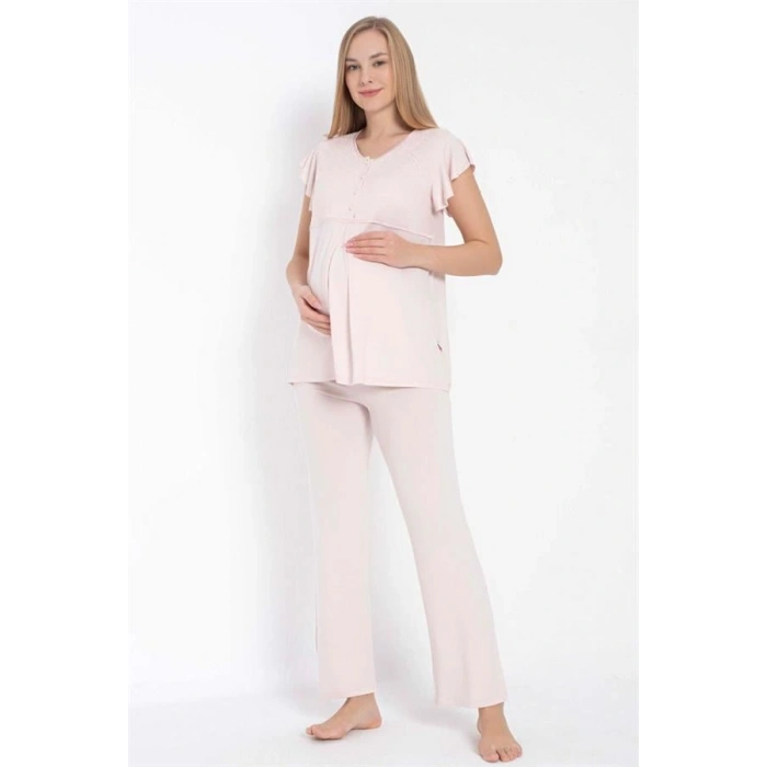 VipMarketim Kısa Kol Bisiklet Yaka Kadın Viskon Dantel Detaylı Hamile Pijama Takımı Sabahlık