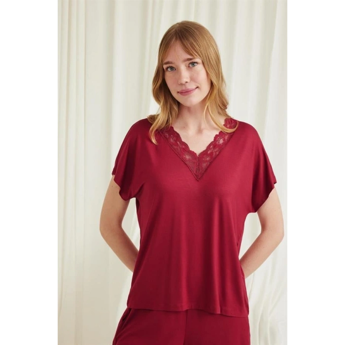 VipMarketim Kısa Kollu Dantelli V Yaka Şort Pijama Takımı