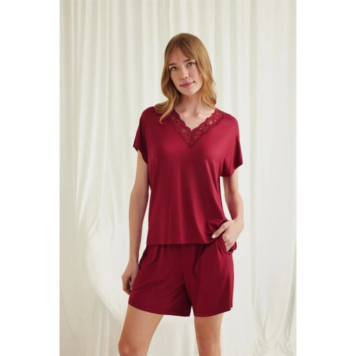 Vipmarketim Kısa Kollu Dantelli V Yaka Şort Pijama Takımı