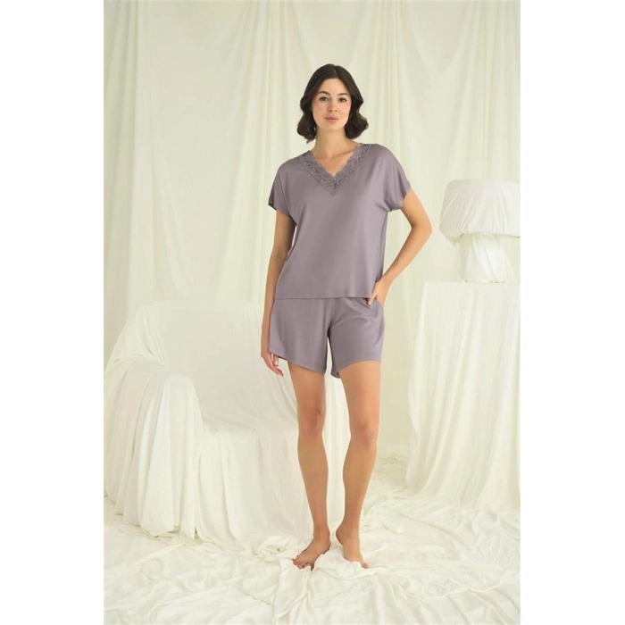 Vipmarketim Kısa Kollu Dantelli V Yaka Şort Takımı