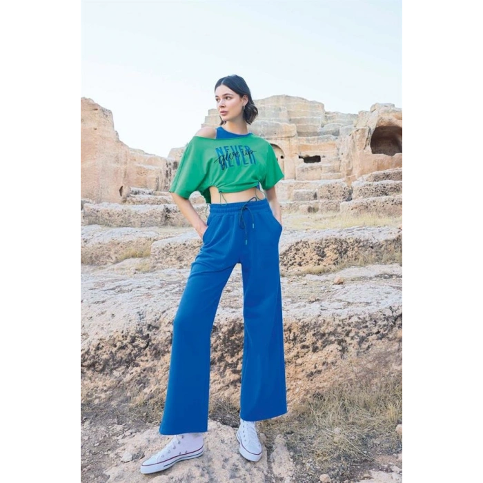 Vipmarketim Kısa Kollu never Give Up 3lü Crop Eşofman Takımı