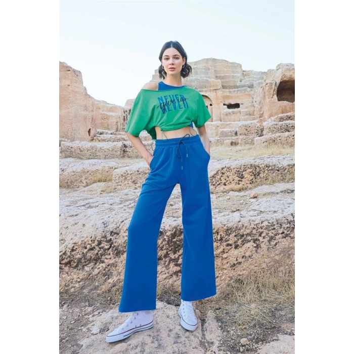 Vipmarketim Kısa Kollu never Give Up 3lü Crop Eşofman Takımı