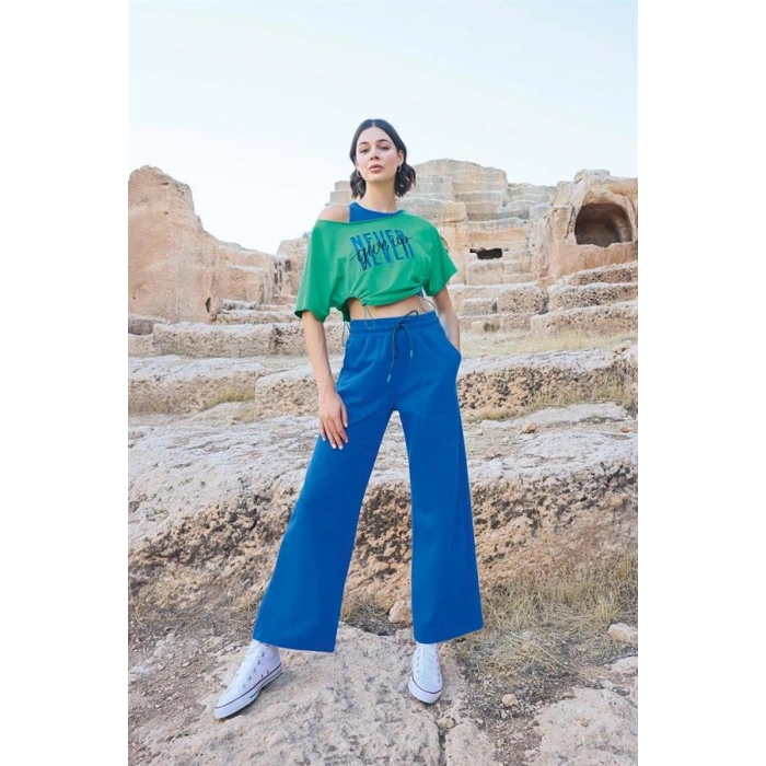 Vipmarketim Kısa Kollu never Give Up 3lü Crop Eşofman Takımı