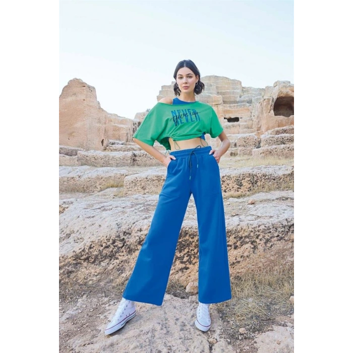 VipMarketim Kısa Kollu Never Give Up 3Lü Crop Eşofman Takımı