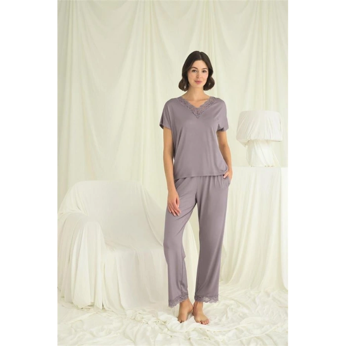 VipMarketim Kısa Kollu V Yakalı Dantelli Pijama Takımı