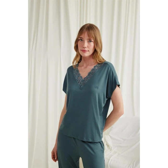 VipMarketim Kısa Kollu V Yakalı Dantelli Pijama Takımı