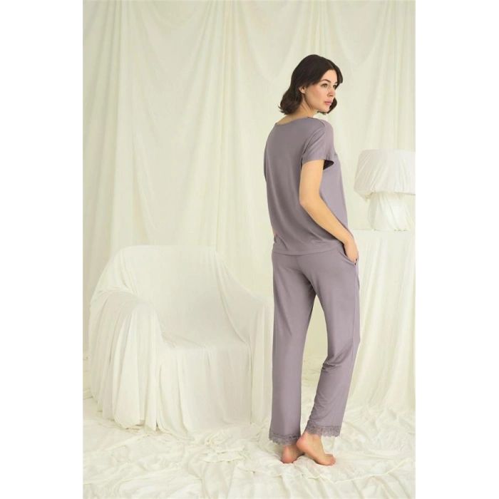 VipMarketim Kısa Kollu V Yakalı Dantelli Pijama Takımı