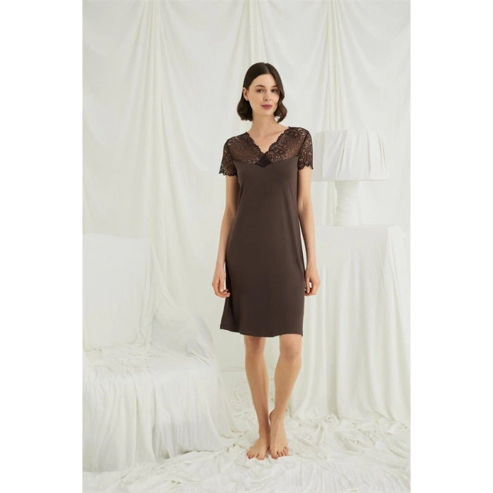 VipMarketim Kısa Kollu Ve Dantelli V Yaka Gecelik