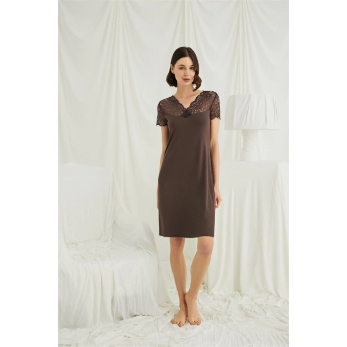 VipMarketim Kısa Kollu Ve Dantelli V Yaka Gecelik