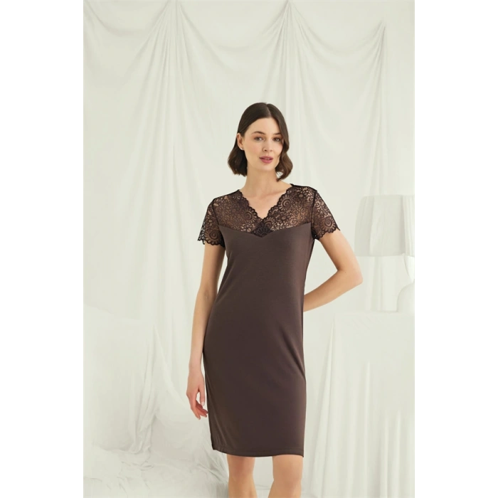 VipMarketim Kısa Kollu Ve Dantelli V Yaka Gecelik