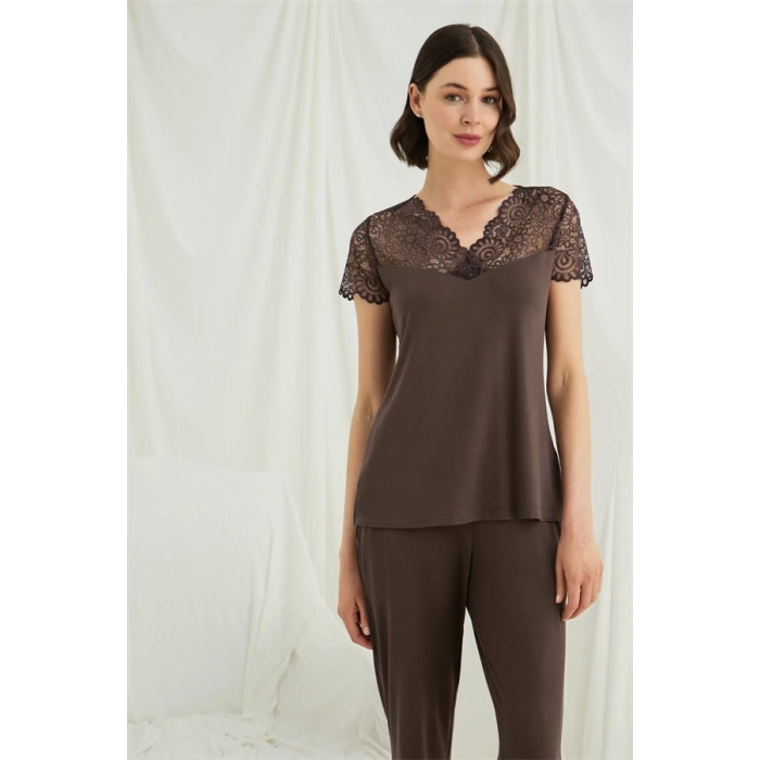 VipMarketim Kısa Kollu Ve Dantelli V Yaka Pijama Takımı