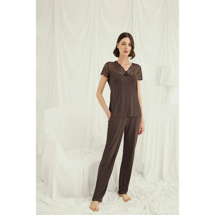 Vipmarketim Kısa Kollu Ve Dantelli V Yaka Pijama Takımı