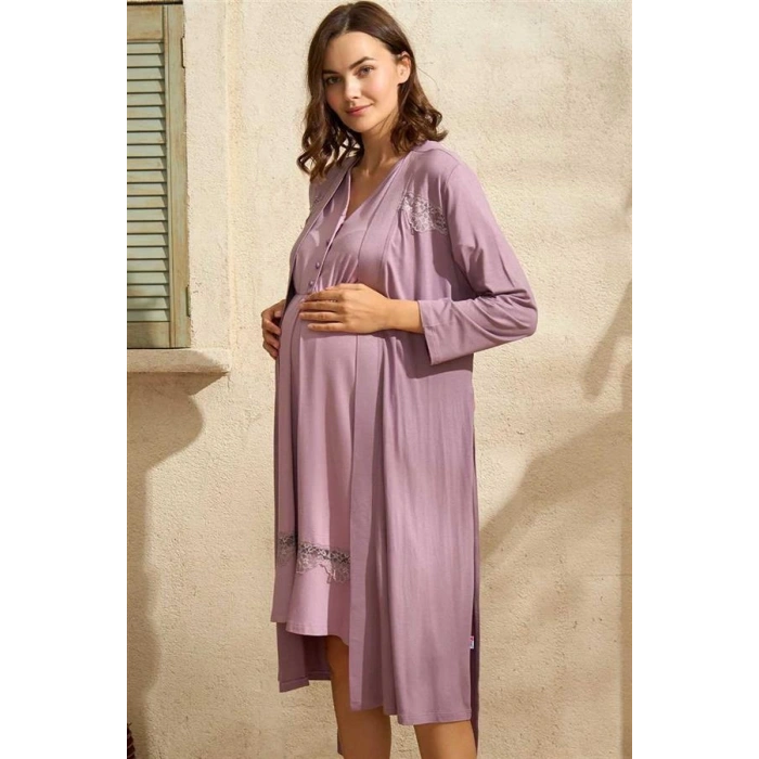 Vipmarketim Kısa Yarım Kol V Yaka Kadın Viskon Düz Yazlık Uzun Dantel Detaylı Hamile Gecelik Sabahlık Anıl (kod:5776)