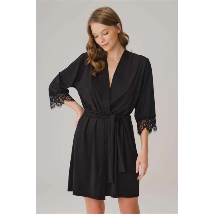 Vipmarketim Kısa Yarım Kollu V Yaka Kadın Düz Yazlık Kisa Dantel Detaylı Sabahlık Anıl (kod:5782)