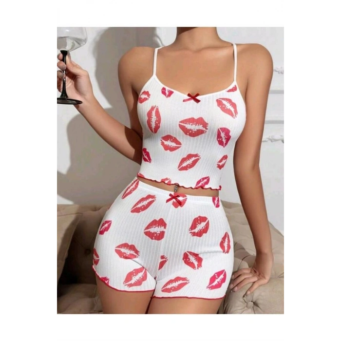 VipMarketim Kiss Öpücük Beyaz Şortlu Takım