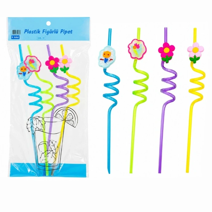 VipMarketim Kıvrımlı Renkli Plastik Pipet - Figürlü Tasarım - 4lü Paket