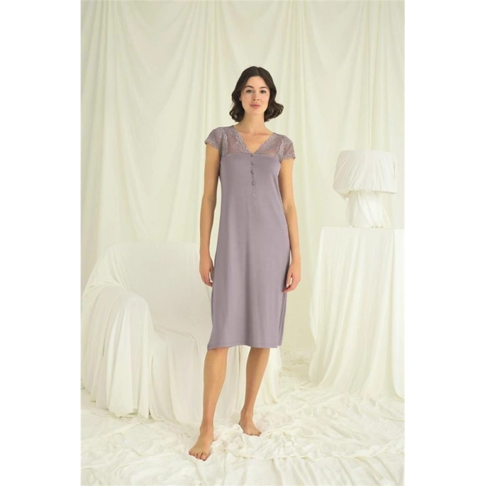 Vipmarketim Kolu Omzu Ve Yakası Dantelli Önü Düğmeli Gecelik