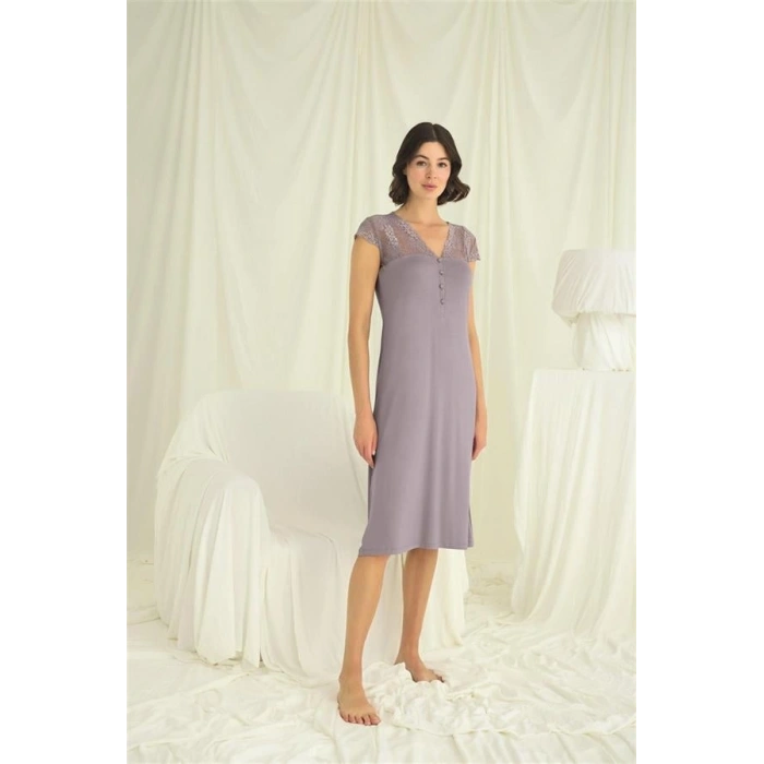 Vipmarketim Kolu Omzu Ve Yakası Dantelli Önü Düğmeli Gecelik