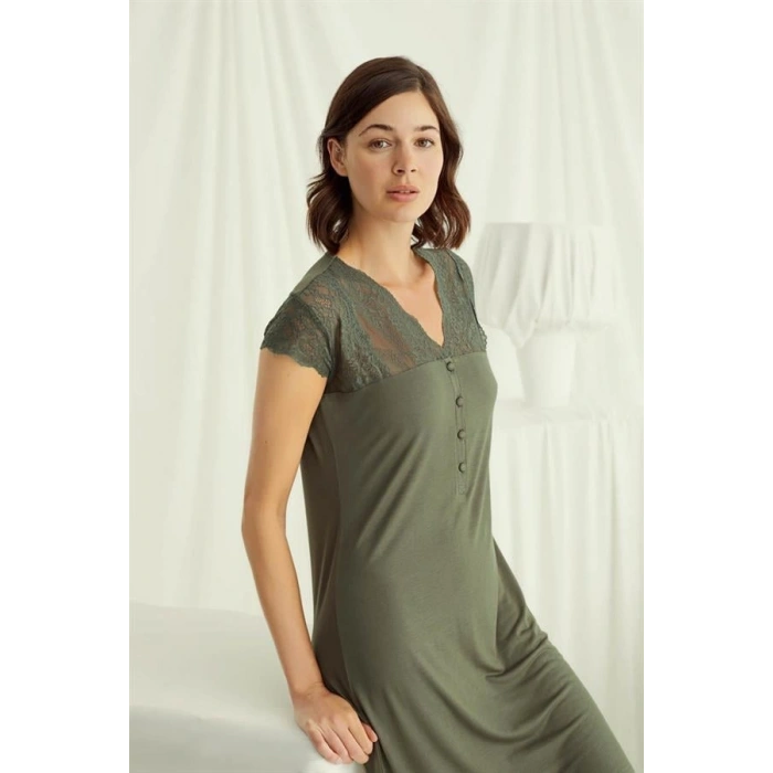 VipMarketim Kolu Omzu Ve Yakası Dantelli Önü Düğmeli Gecelik