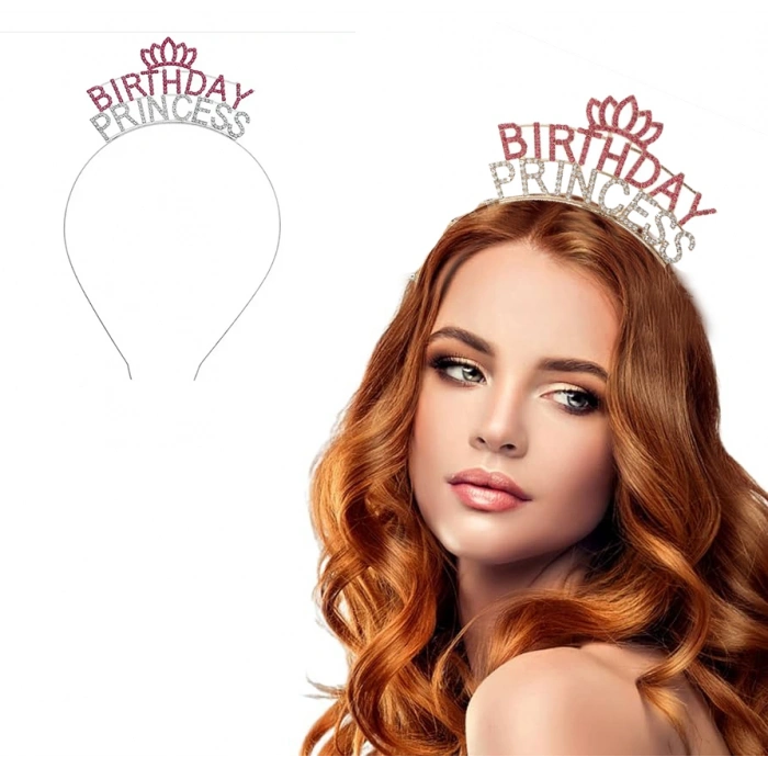 VipMarketim Kristal Taşlı Birthday Princess Yazılı Parti Tacı Pembe Renk