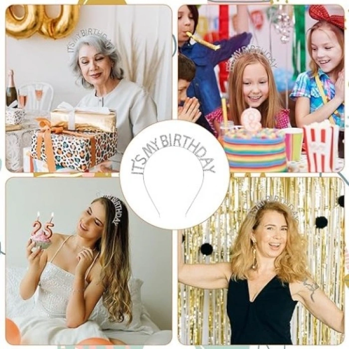 VipMarketim Kristal Taşlı Gümüş Renk İts My Birthday Yazılı Doğum Günü Parti Tacı 14x16 cm