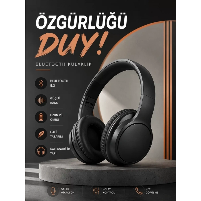 VipMarketim Kulak Üstü Bluetooth Kulaklık Ayarlanabiilir Uzun Pil Ömrü Kablosuz 5.0 Bluetooth