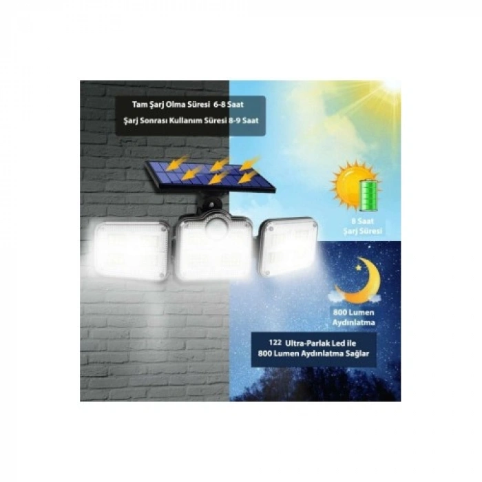 VipMarketim Kumandalı Solar 122 LEDli Hareket Sensörlü Sokak ve Bahçe Lambası
