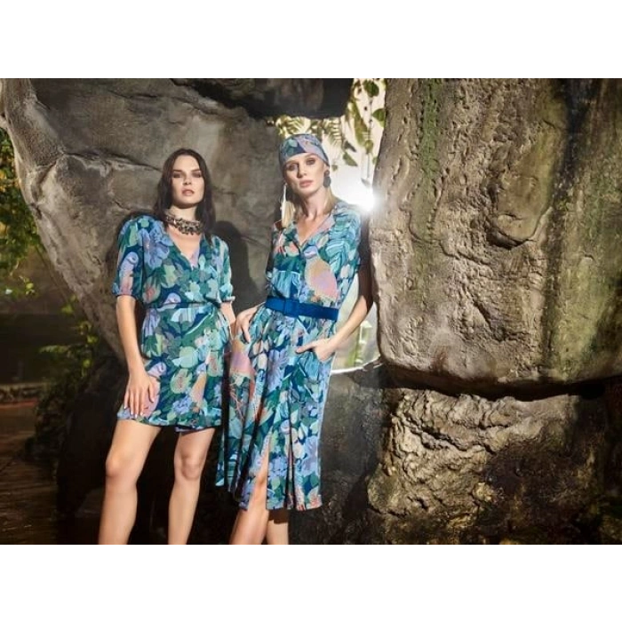 VipMarketim Kuş Ve Yaprak Desenli Önü Düğmeli Elbise