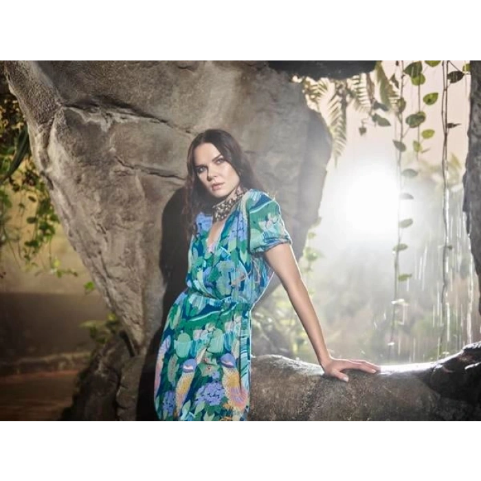 Vipmarketim Kuş Ve Yaprak Desenli Önü Düğmeli Elbise