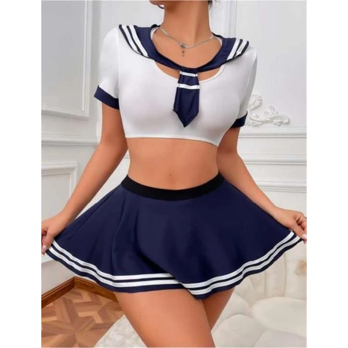 VipMarketim  Lacivert Büstiyerli Mini Etekli Fantezi Denizci Kostümü