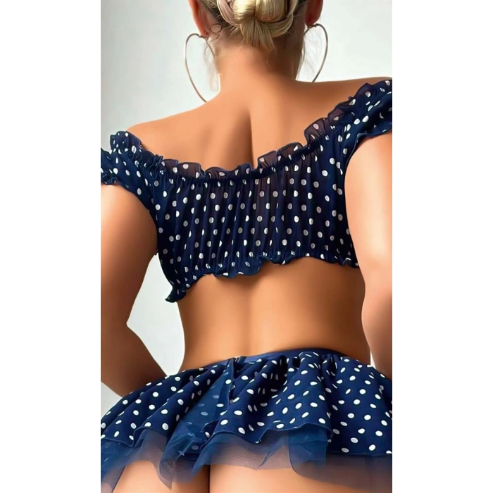 Vipmarketim Lacivert Fırfır Etekli Puantiyeli Jartiyerli Fantezi Kostüm