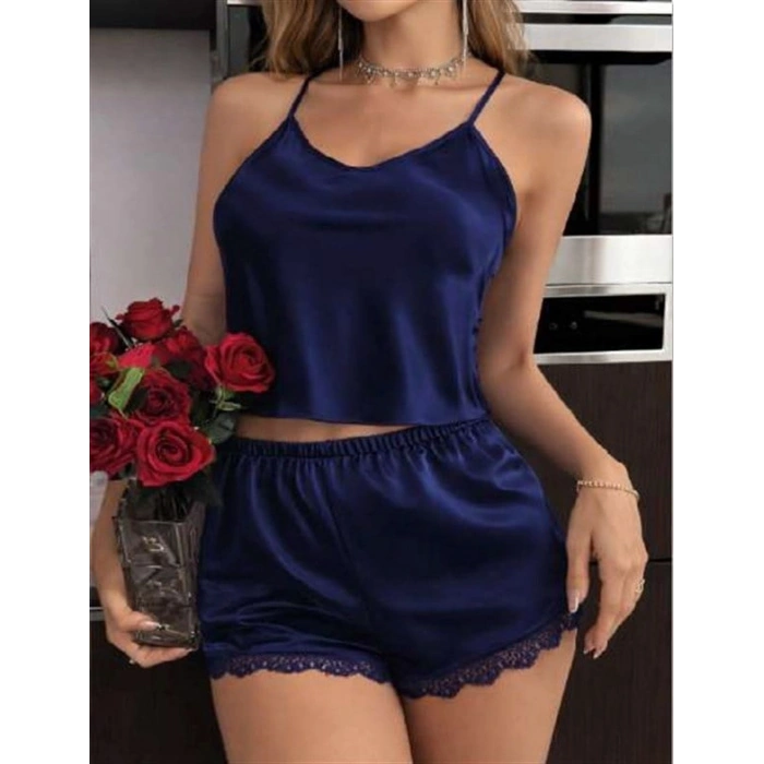 VipMarketim Lacivert İnce Askılı Dantel İşlemeli Saten Şortlu Takım