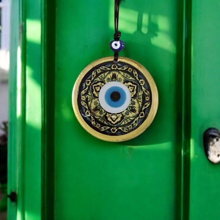 VipMarketim Lale desenli Altın Rengi Nazar Boncuklu Füzyon Cam Duvar Dekoru