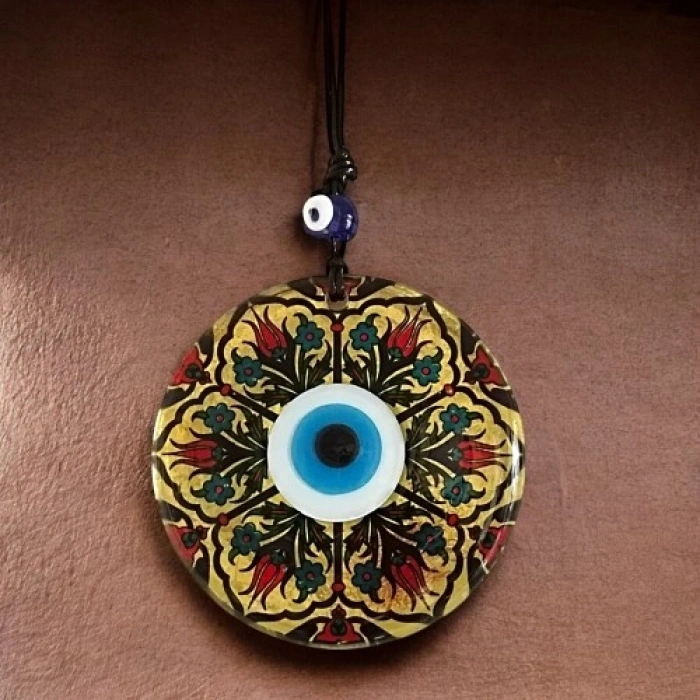 VipMarketim Lale Desenli Altın Varaklı Nazar Boncuklu Füzyon Cam Duvar Dekoru