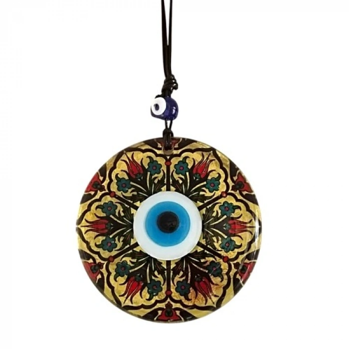 VipMarketim Lale Desenli Altın Varaklı Nazar Boncuklu Füzyon Cam Duvar Dekoru