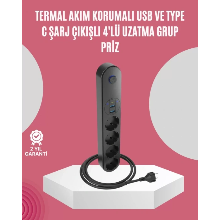 VipMarketim Led Anahtarlı Akım Korumalı Çoklu Priz 4 Priz 3 USB Girişli