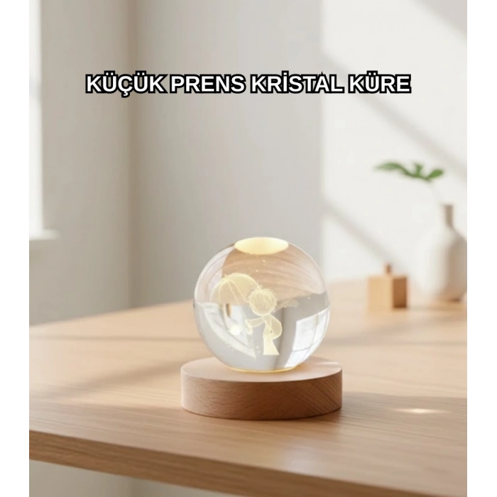 VipMarketim LED Aydınlatmalı 3D Küçük Prens Kristal Küre Ahşap Standlı Masa Gece Lambası