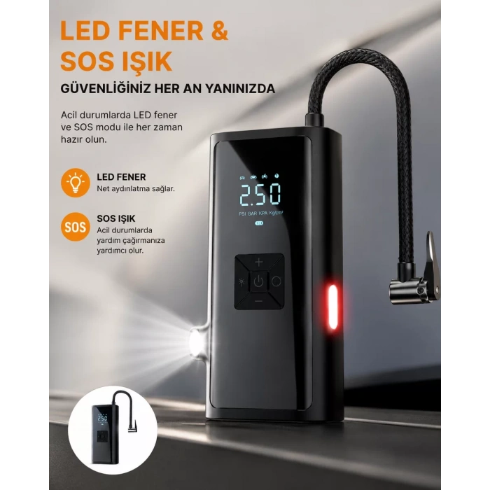 VipMarketim LED Fenerli ve SOS Işıklı Çok Fonksiyonlu Hava Kompresörü Yeni Nesil