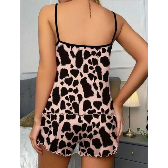 VipMarketim Leopar Desenli Askılı Şortlu Pijama Takımı