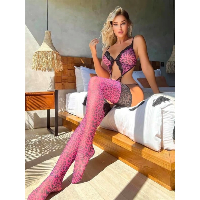 VipMarketim Leopar Desenli Dantel Jartiyer Çoraplı Fantezi Body