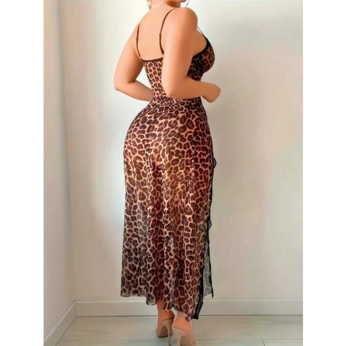 VipMarketim  Leopar Desenli Yırtmaçlı Fantezi Uzun Gecelik