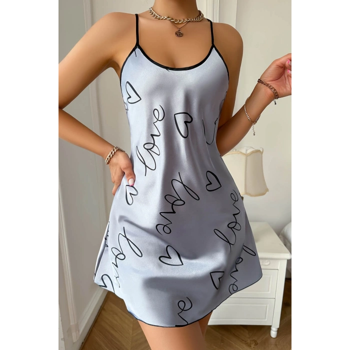 VipMarketim Love Baskılı Gri Saten Gecelik