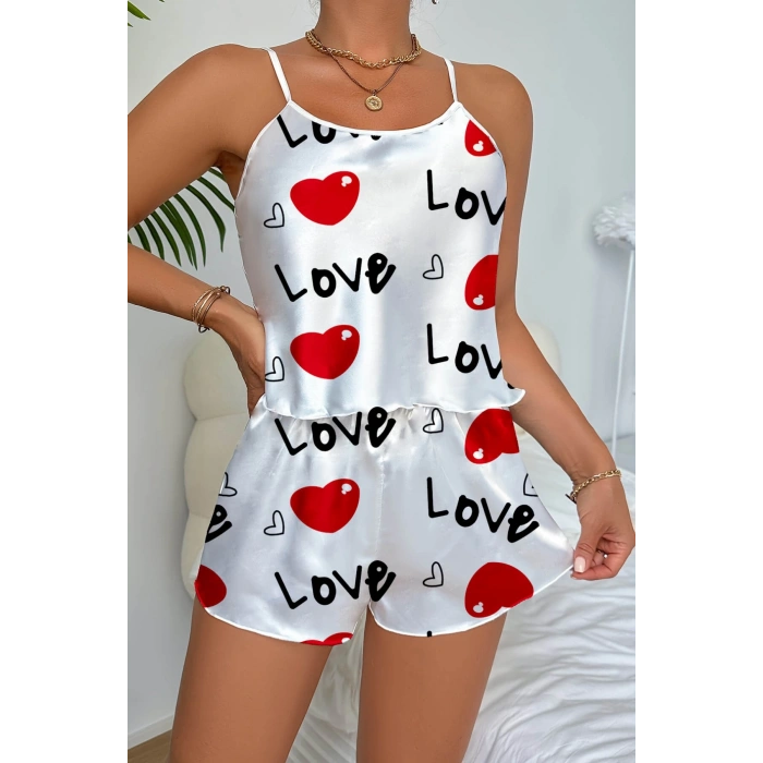 VipMarketim Love Desenli Beyaz Saten Şortlu Gecelik Takım