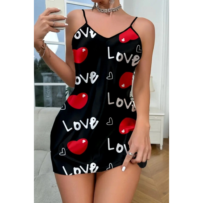 VipMarketim Love Desenli Siyah Saten Gecelik
