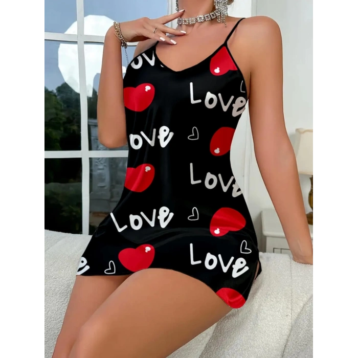 VipMarketim Love Desenli Siyah Saten Gecelik